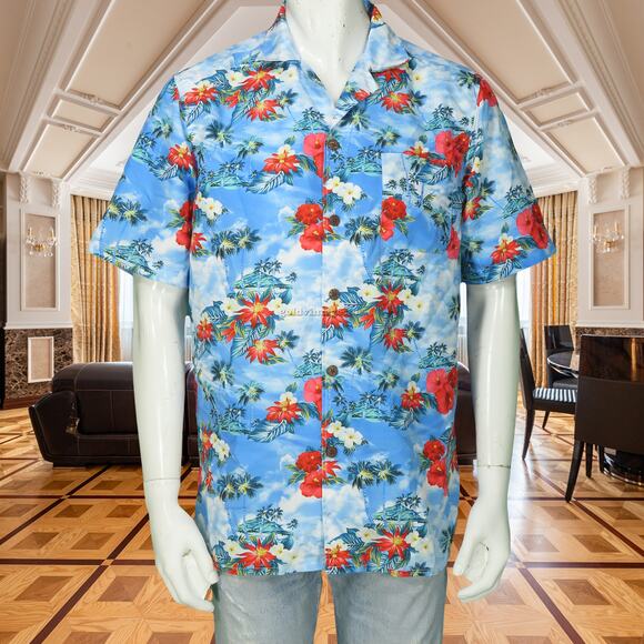Floral Orchid Flower Sky All Over Print Hawaiian Aloha Tropical Tribal Shirt L - Picture 1 of 10